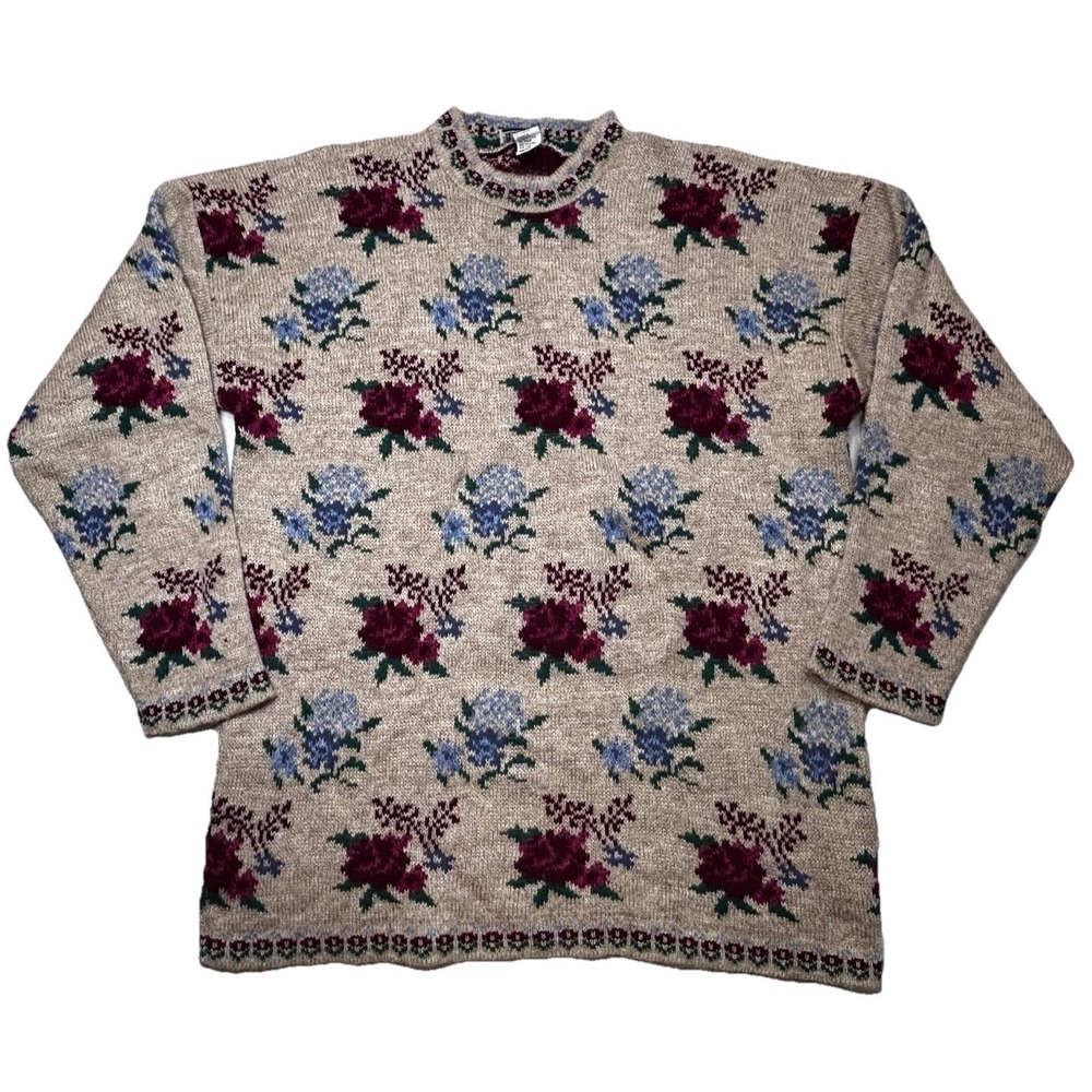 Vintage 90s Basic Editions‎ Floral Knit Sweater Made USA Cottagecore Womens S